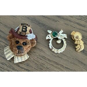 Vintage Brooch Lot Boyds Bear Precious Moments Wreath Pin Gold Tone Kitsch